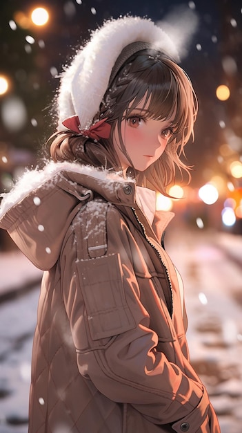 ragazza anime in cappotto invernale in piedi sulla strada innevata di notte ai generativa