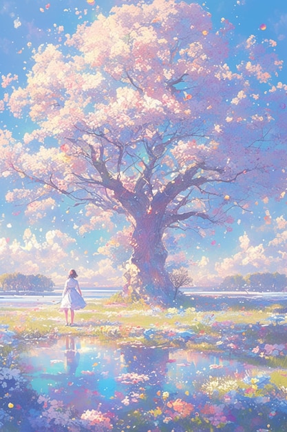 ragazza anime in piedi in un campo con un albero sullo sfondo generativo ai
