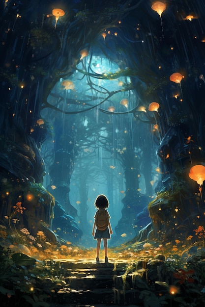 ragazza anime in piedi in una foresta con lanterne luminose ai generative