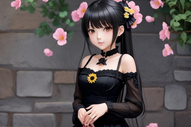 Ragazza anime in un vestito nero con un fiore