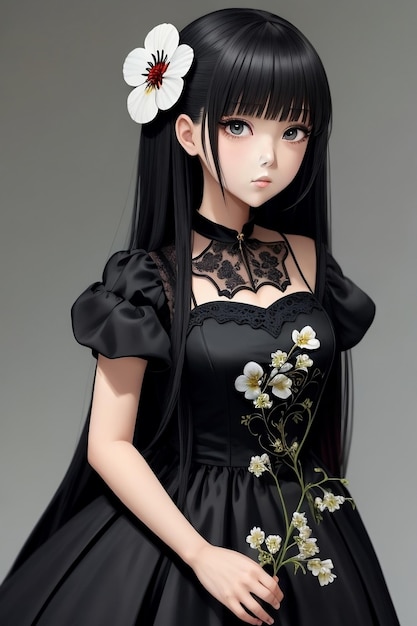 Ragazza anime in un vestito nero con un fiore