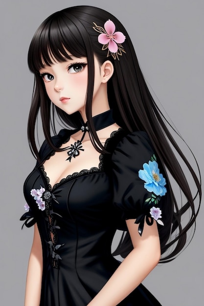 Ragazza anime in un vestito nero con un fiore