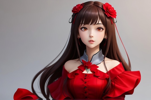 Ragazza anime in un vestito rosso con un fiore