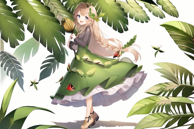 Ragazza anime in un vestito verde con un fiore in testa