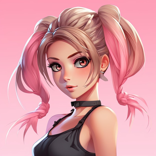 ragazza anime rosa sexy con occhi grandi illustrazione di capelli a coda di pony