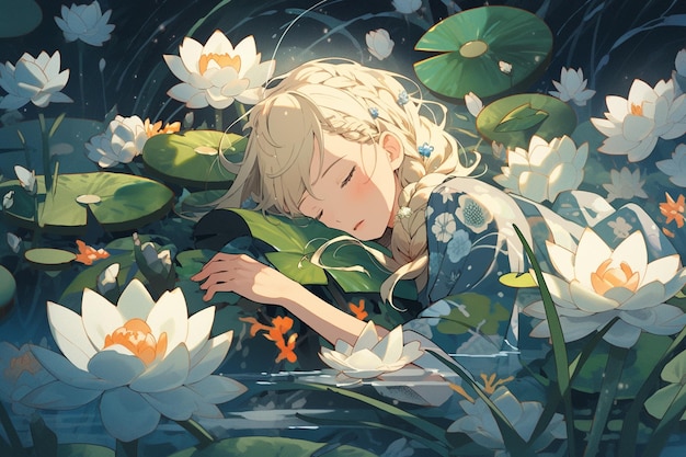 ragazza anime sdraiata in uno stagno d'acqua con fiori bianchi ai generativa