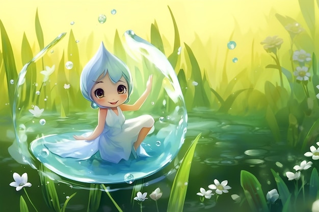ragazza anime seduta in una bolla che galleggia in un campo di fiori generativa ai