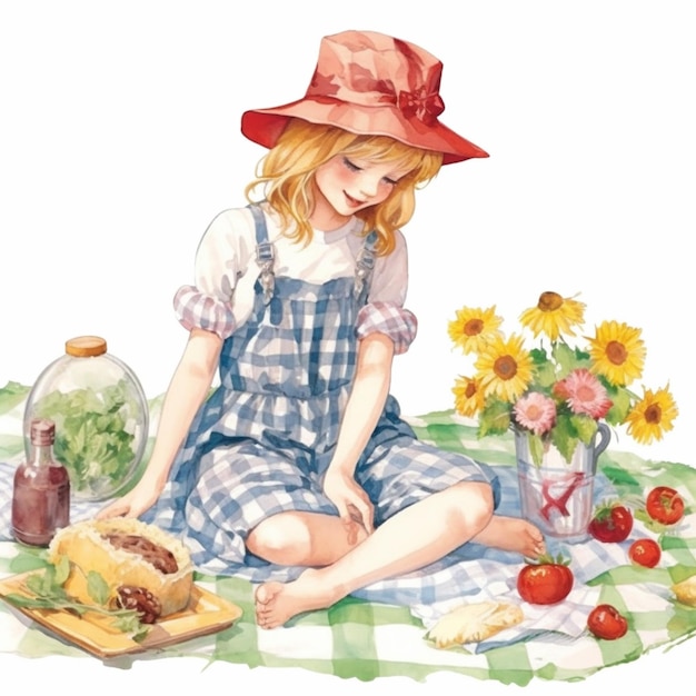 ragazza anime seduta su una coperta con un panino e una bottiglia di girasoli ai generativa