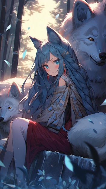 ragazza anime seduta su una panchina con due lupi ai generati