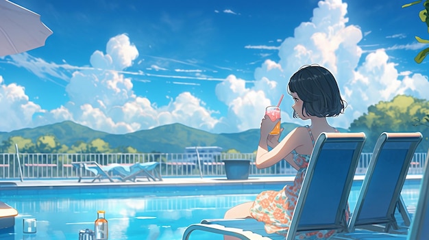 ragazza anime seduta su una sedia vicino a una piscina che beve un drink generativo ai