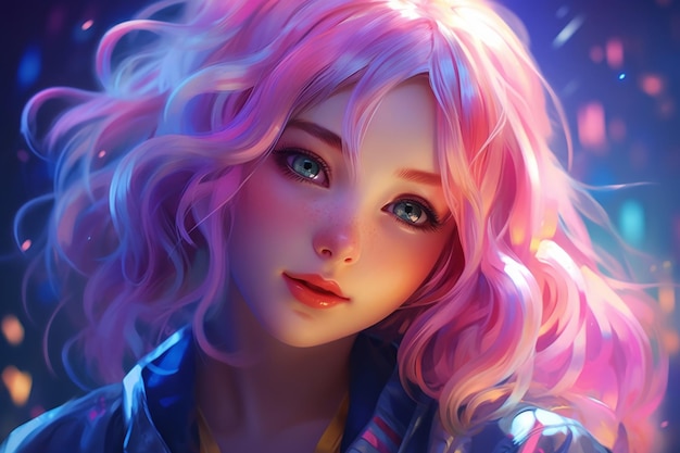 Ragazza anime sognante con capelli vibranti che esplora il futurismo IA generativa