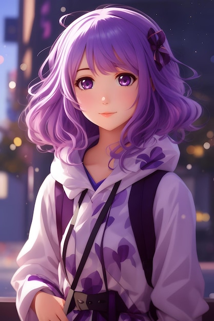 Ragazza anime viola Capelli viola Ragazza anime Sfondo anime Ragazza anime AI generativa