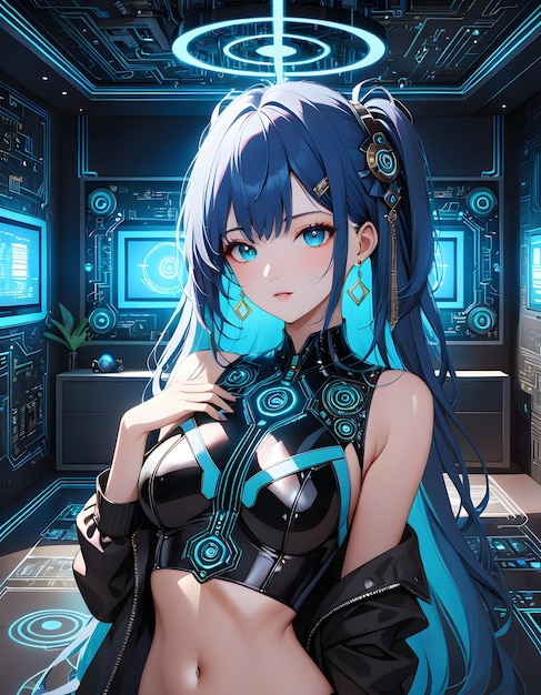 ragazza anime waifu in un salotto moderno e ispirato alla tecnologia