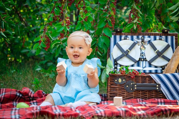 Ragazza appena nata che tiene in mano due cubi giocattolo di legno. La bambina in un vestito blu si siede su una coperta da picnic. Bambino felice su un picnic la sera