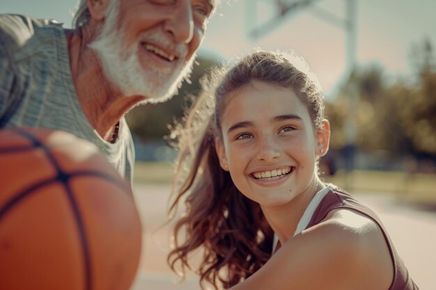 ragazza arafed che tiene una palla da basket con un uomo più anziano in piedi dietro la sua ai generativa