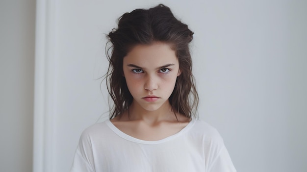 Ragazza arrabbiata che guarda la telecamera isolata sullo sfondo minimalista