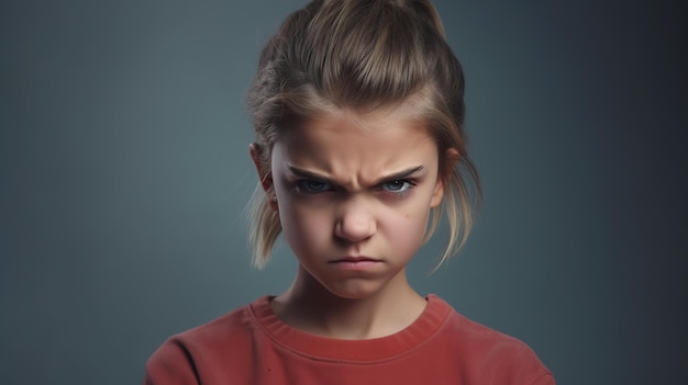 Ragazza arrabbiata che guarda la telecamera isolata sullo sfondo minimalista