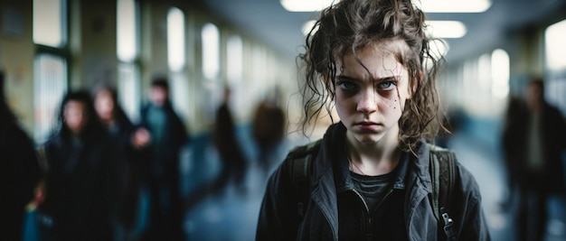 ragazza arrabbiata in un corridoio scolastico ritratto close-up IA generativa