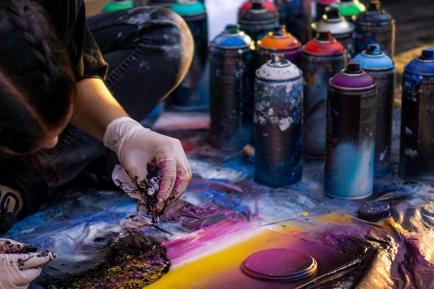 Ragazza artista di strada in guanti dipinge con bombolette spray di vernice su un pezzo di carta lattine multicolori di vernice stanno intorno