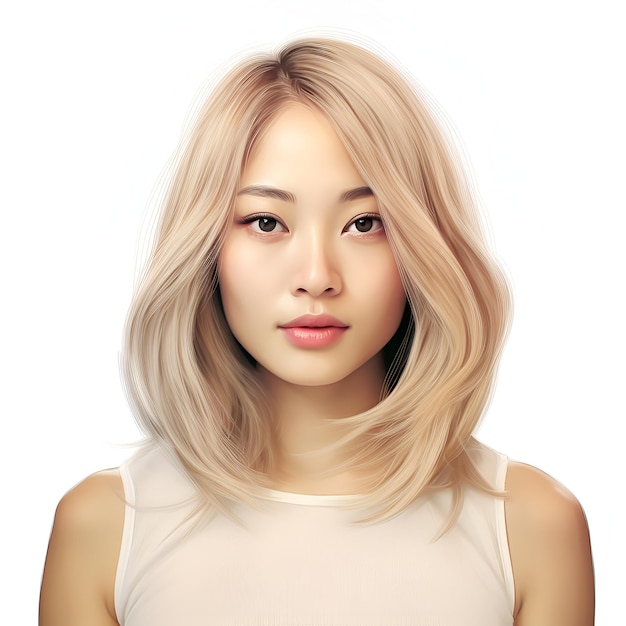 ragazza asiatica bionda persona femminile con trucco naturale su uno sfondo bianco ritratto in primo piano