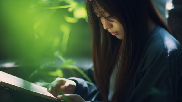 Ragazza asiatica che legge un libro vicino a un lago tranquillo