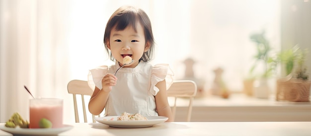 Ragazza asiatica che mangia prima colazione a casa con la forchetta nel seggiolone