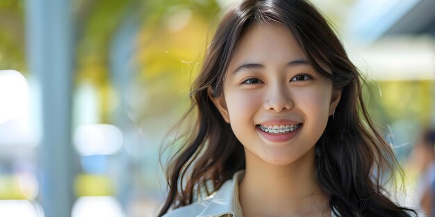 Ragazza asiatica che sorride con un'apparecchiatura dentale mostra il successo e la felicità dell'odontoiatria pediatrica Concept Dental Transformation Braces Success Pediatric Dentistry Smiling with Braces Happy Patient