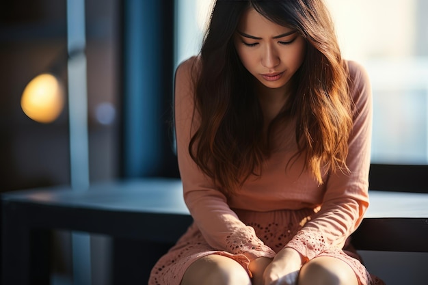 Ragazza asiatica con mal di stomaco depresso a causa di depressione e stress