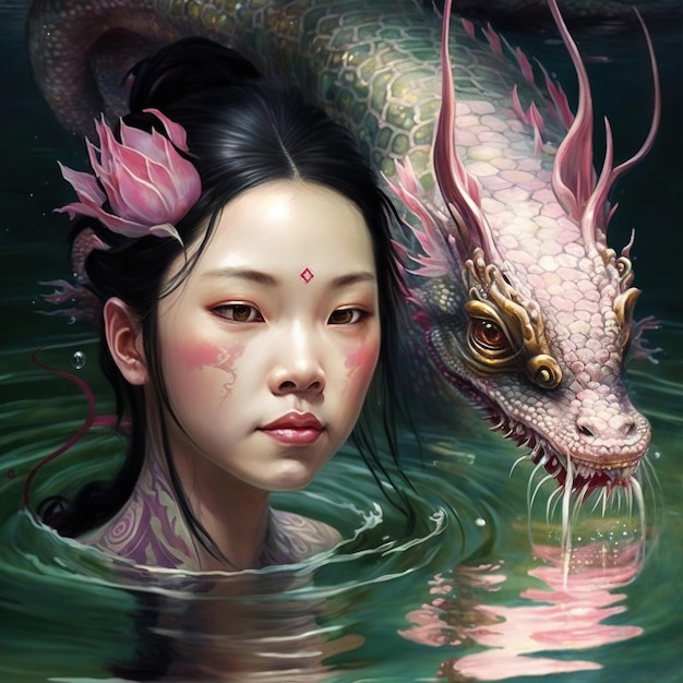 Ragazza asiatica con nuoto Guardiano Pink Dragon Spirit