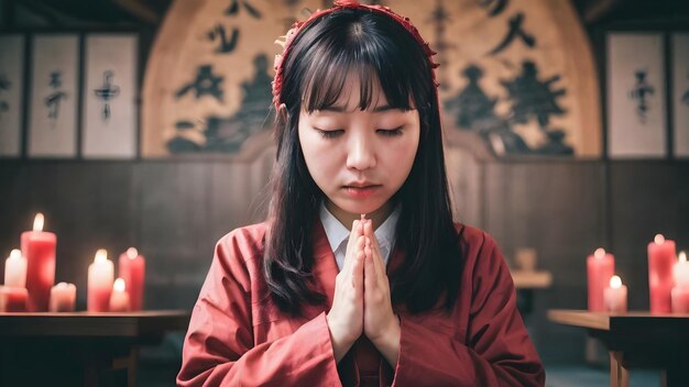 Ragazza asiatica con un background rituale satanico