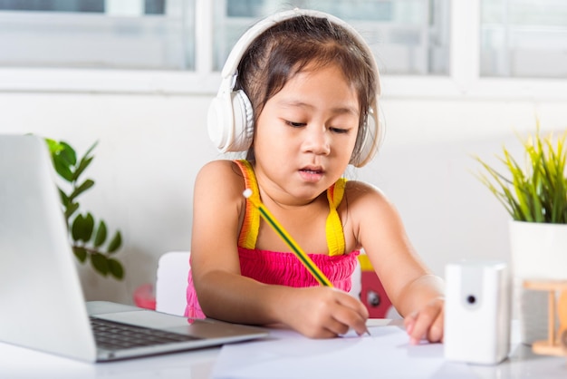 Ragazza asiatica del bambino che studia l'educazione a distanza in videoconferenza a casa