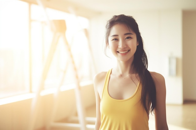 Ragazza asiatica felice che si esercita in canotta gialla