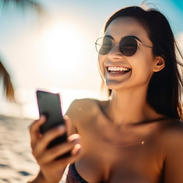 Ragazza asiatica felice della spiaggia che utilizza Smartphone