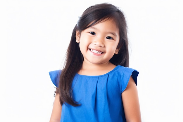 Ragazza asiatica sorridente indossa un abito blu su uno sfondo bianco