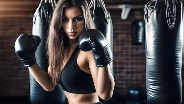 Ragazza attraente che indossa guanti da boxe e vestiti attillati con in pratica