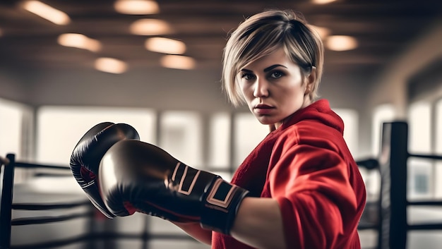 Ragazza attraente che indossa guanti da boxe e vestiti attillati con in pratica