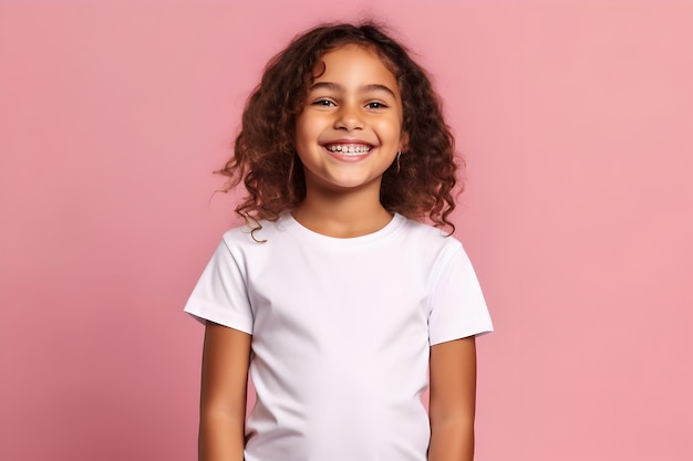 Ragazza bambina che indossa una maglietta bianca a tela bella sullo sfondo rosa Modello di progettazione di maglietta modello di stampa di presentazione generato da AI