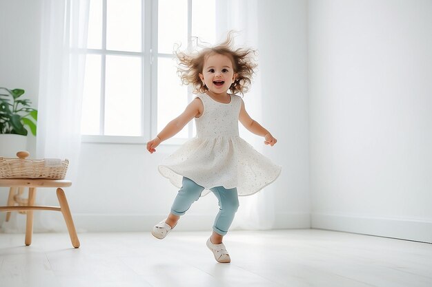 Ragazza bambina divertente che balla all'interno Bambino che si diverte a muoversi e saltare in una stanza bianca soleggiata a casa o all'asilo