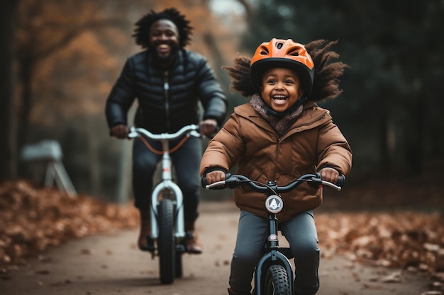 Ragazza bambina nera che guida una bicicletta da allenamento Generative Ai