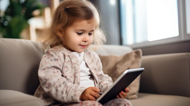 Ragazza bambino che gioca con il tablet sul divano di casa Concetto di bambino e dispositivi elettronici
