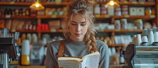 ragazza barista che parla al telefono mentre apre il libro dei depositi sulla sua mano