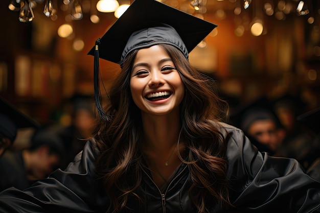 ragazza bella adolescente asiatica un senior di 12 ° grado in berretto e abito di laurea