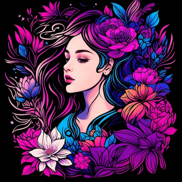 Ragazza bella e fiori doodle stile su immagini di sfondo fantasia con AI generato