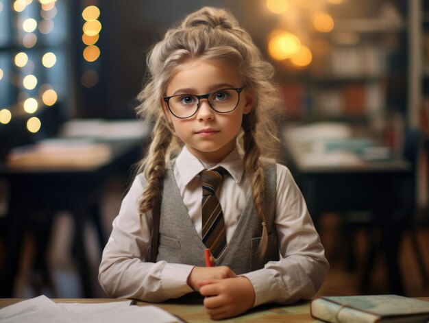 Ragazza bianca di 6 anni, ragazzo carino vestito da insegnante che lavora sul posto di lavoro