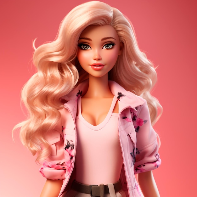 ragazza bionda alla moda con i capelli lunghi che sembra una bambola in rosa su uno sfondo chiaro