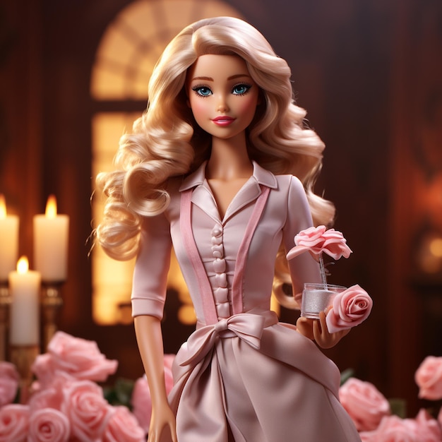 Ragazza bionda carina ispirata a Barbie nel paese delle meraviglie rosa