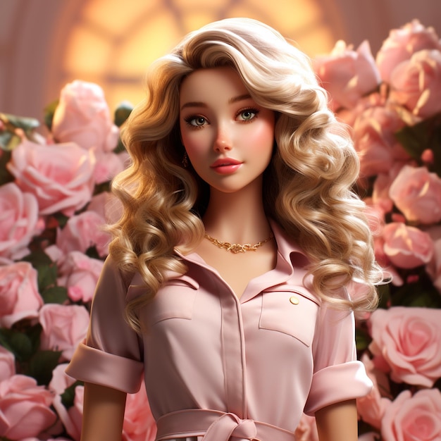 Ragazza bionda carina ispirata a Barbie nel paese delle meraviglie rosa