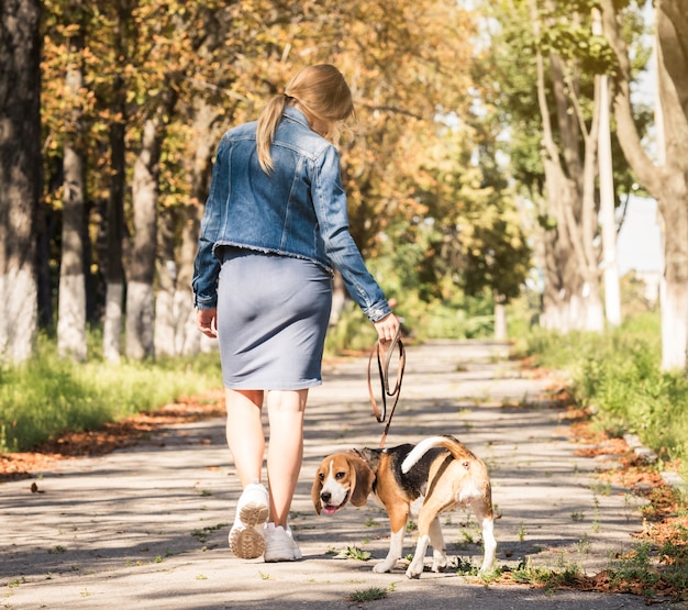 ragazza bionda che cammina con cute puppyin un parco