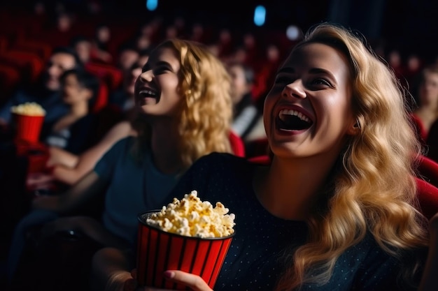 Ragazza bionda che si diverte a vedere un film con i popcorn