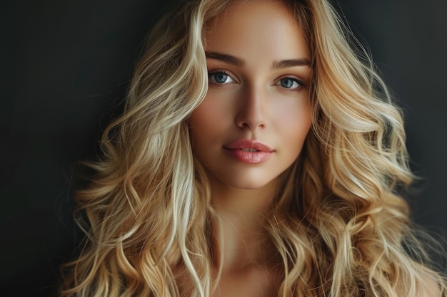 Ragazza bionda con i capelli lunghi e ondulati, capelli ricci e bellezza.